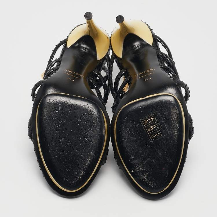 Pre Owned Tom Ford Black Python Leather Strappy Sandals Size 37.5