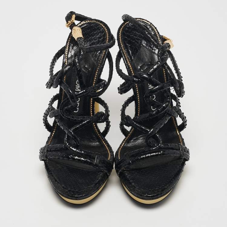 Pre Owned Tom Ford Black Python Leather Strappy Sandals Size 37.5