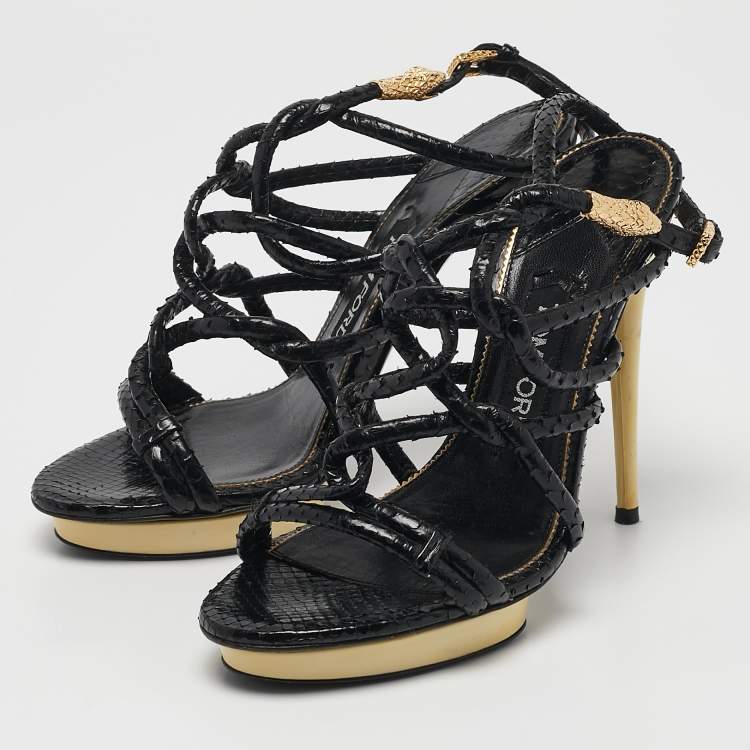 Pre Owned Tom Ford Black Python Leather Strappy Sandals Size 37.5