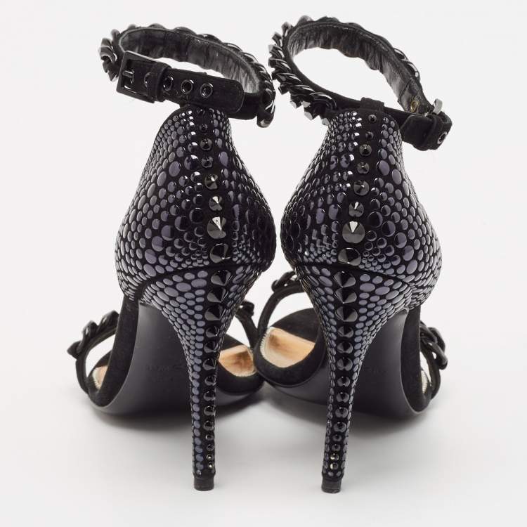 Pre Owned Tom Ford Black Suede Studded Chain Link Ankle Strap Sandals Size 37