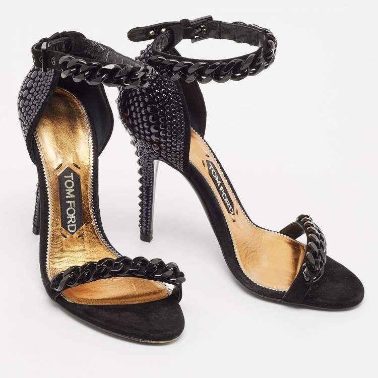 Pre Owned Tom Ford Black Suede Studded Chain Link Ankle Strap Sandals Size 37