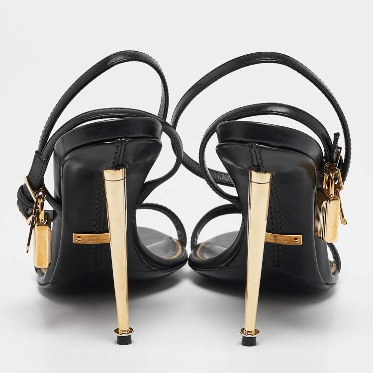 Pre Owned Tom Ford Black Leather Padlock Ankle Strap Sandals Size 37.5