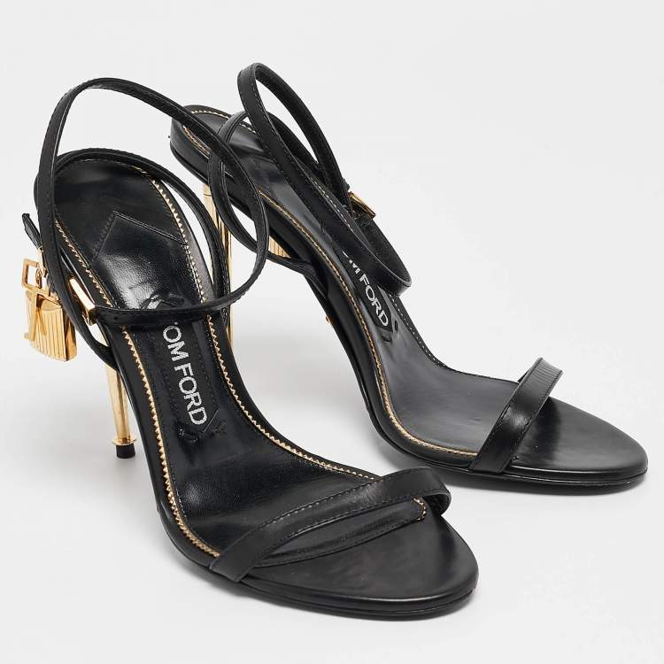 Pre Owned Tom Ford Black Leather Padlock Ankle Strap Sandals Size 37.5