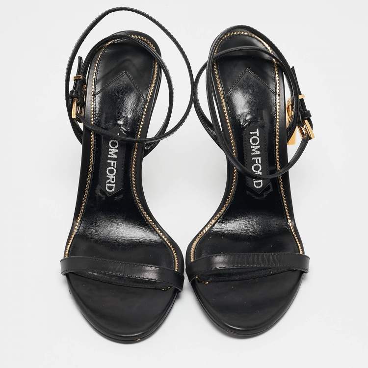 Pre Owned Tom Ford Black Leather Padlock Ankle Strap Sandals Size 37.5