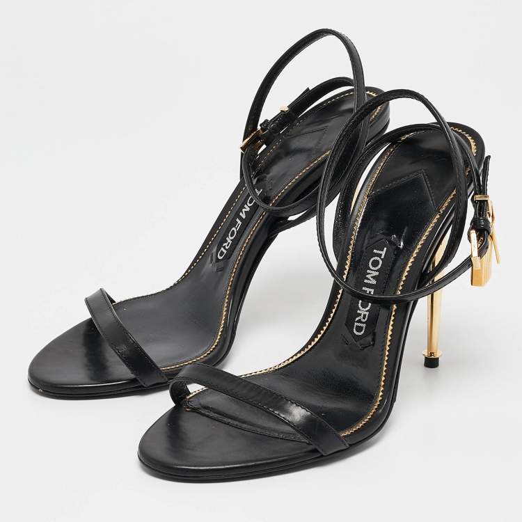 Pre Owned Tom Ford Black Leather Padlock Ankle Strap Sandals Size 37.5