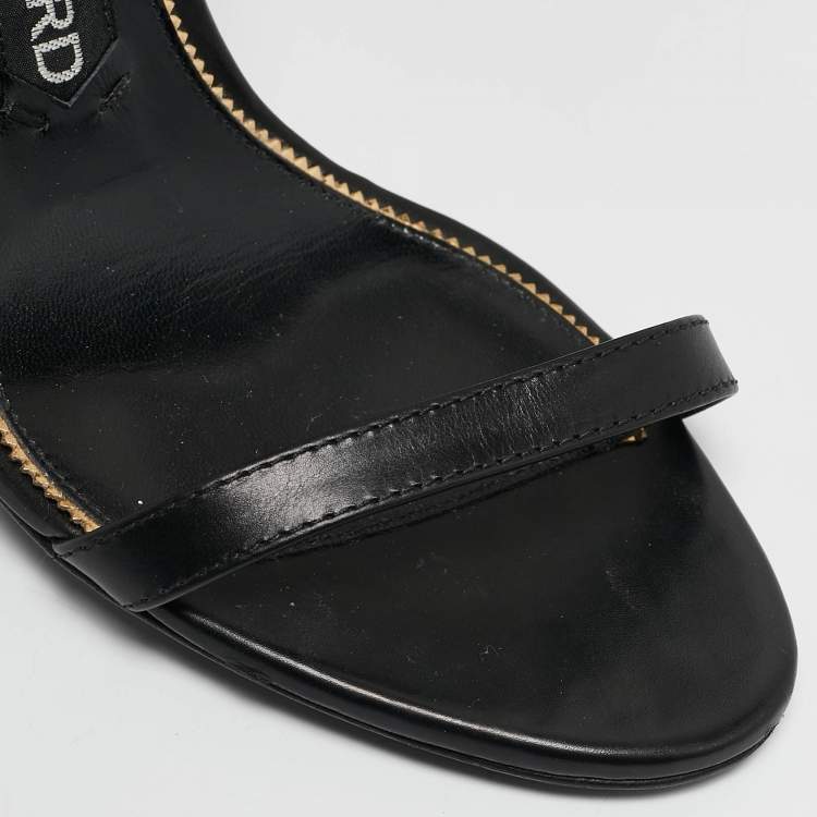 Pre Owned Tom Ford Black Leather Padlock Ankle Strap Sandals Size 37.5