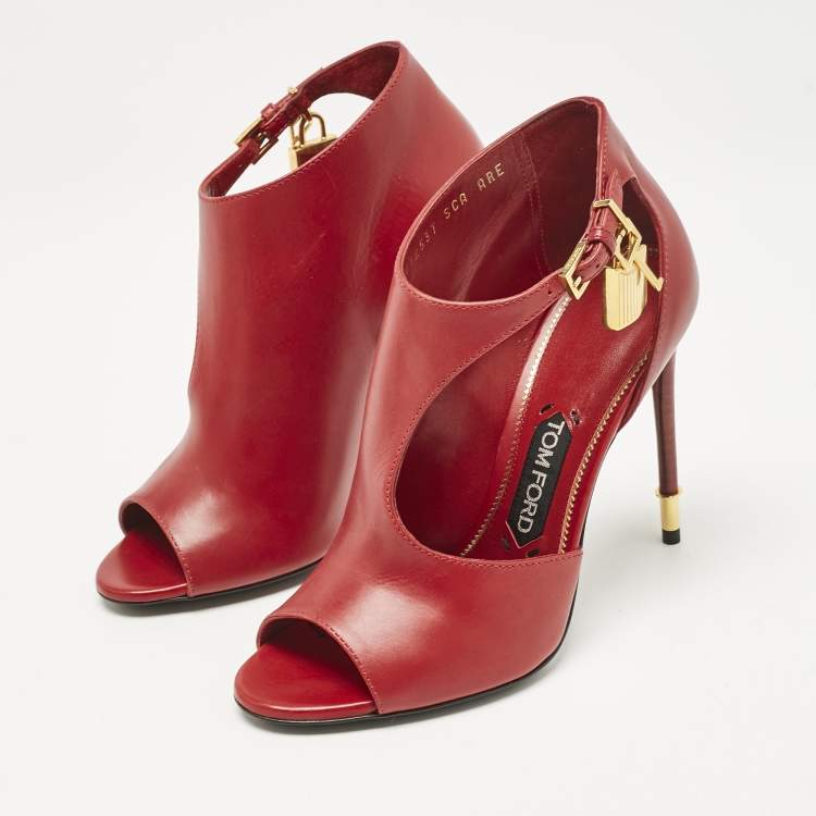 Pre Owned Tom Ford Dark Red Leather Open Toe Ankle Boots Size 37