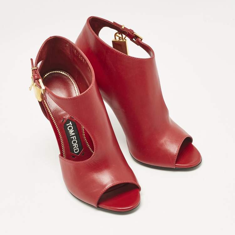 Pre Owned Tom Ford Dark Red Leather Open Toe Ankle Boots Size 37