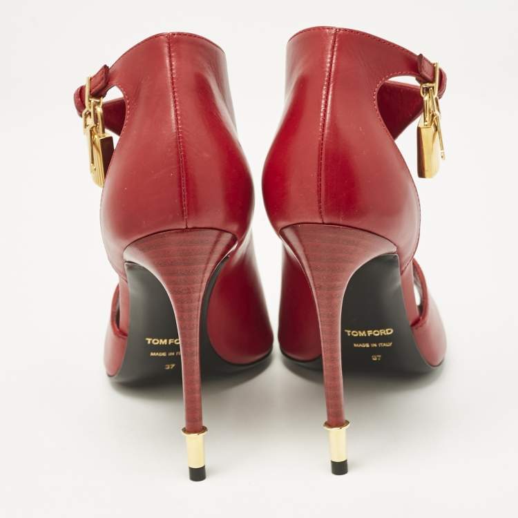 Pre Owned Tom Ford Dark Red Leather Open Toe Ankle Boots Size 37