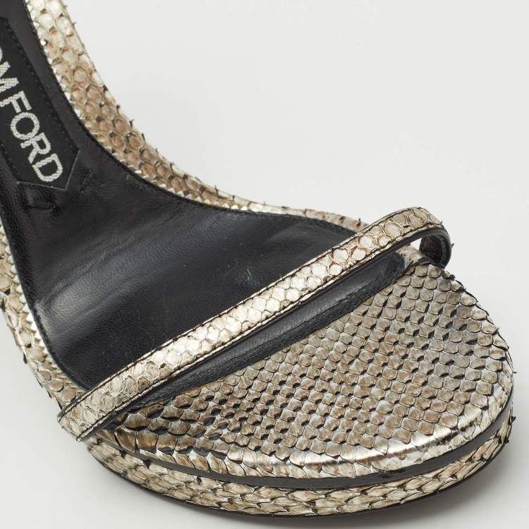 Pre Owned Tom Ford Silver Python Leather Padlock Ankle Strap Sandals Size 39