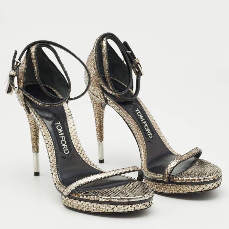 Pre Owned Tom Ford Silver Python Leather Padlock Ankle Strap Sandals Size 39