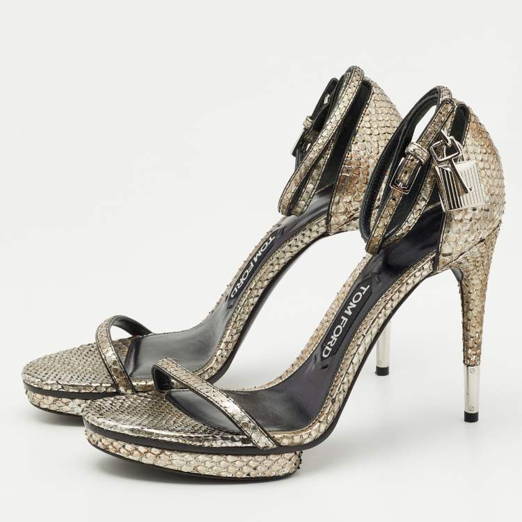 Pre Owned Tom Ford Silver Python Leather Padlock Ankle Strap Sandals Size 39