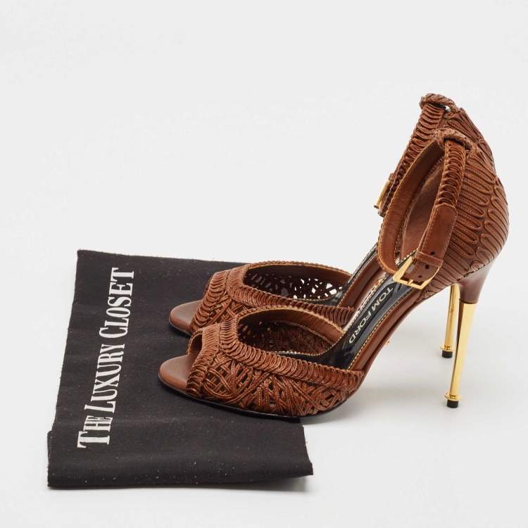 Pre Owned Tom Ford Brown Braided Leather Ankle Strap Sandals Size 37