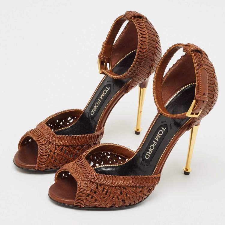 Pre Owned Tom Ford Brown Braided Leather Ankle Strap Sandals Size 37