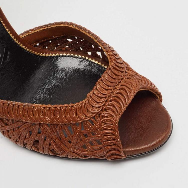 Pre Owned Tom Ford Brown Braided Leather Ankle Strap Sandals Size 37