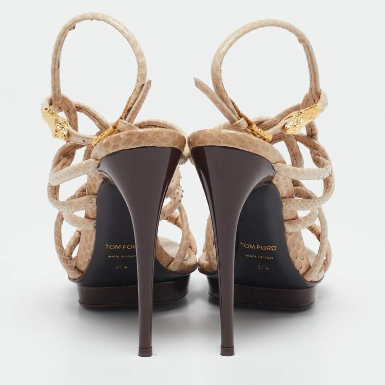 Pre Owned Tom Ford Beige Python Leather Strappy Sandals Size 37.5