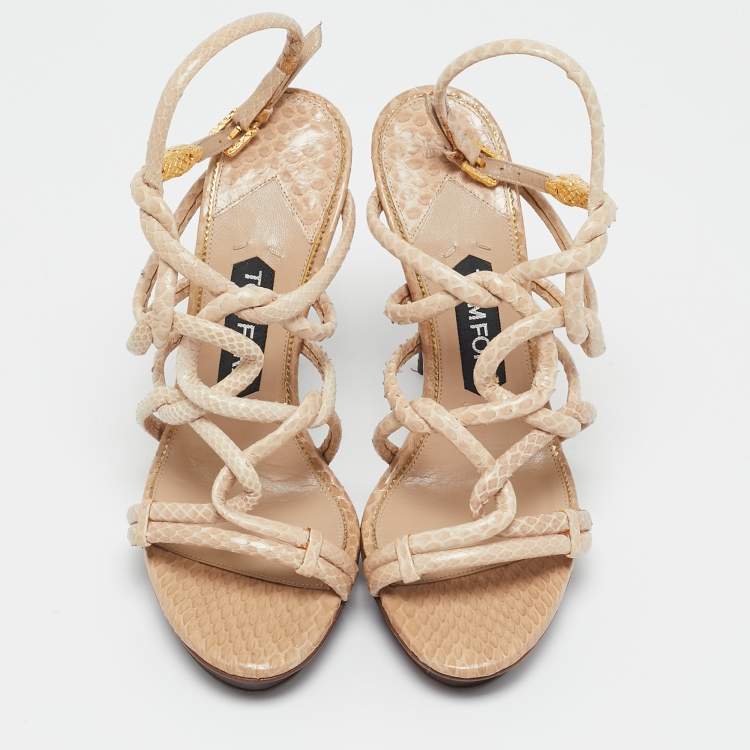 Pre Owned Tom Ford Beige Python Leather Strappy Sandals Size 37.5