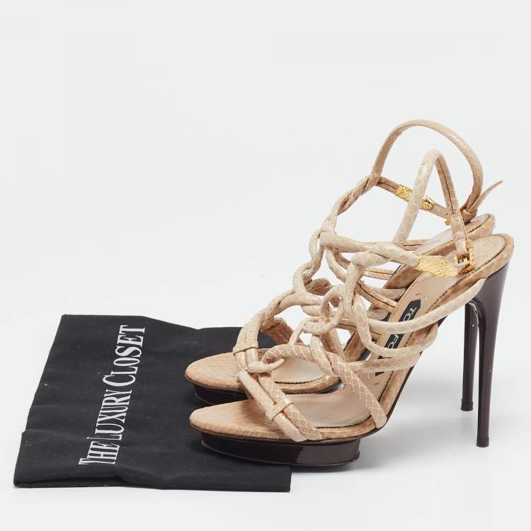 Pre Owned Tom Ford Beige Python Leather Strappy Sandals Size 37.5