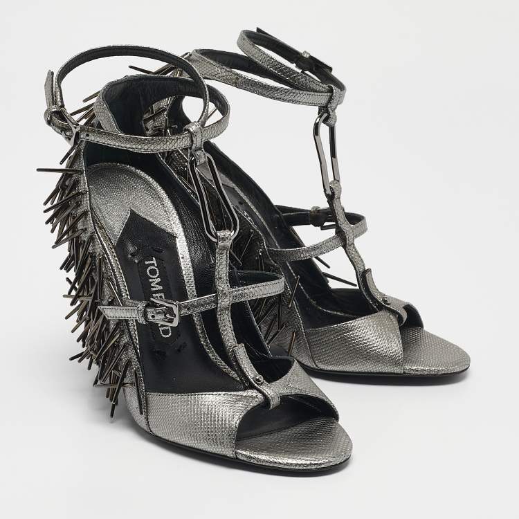 Pre Owned Tom Ford Metallic Grey Leather Embellished  Wedge Sandals Size 37