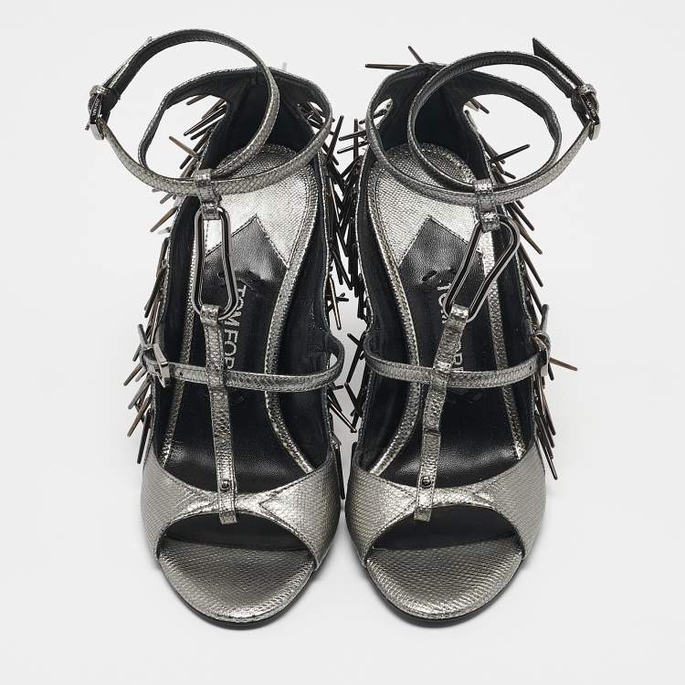 Pre Owned Tom Ford Metallic Grey Leather Embellished  Wedge Sandals Size 37