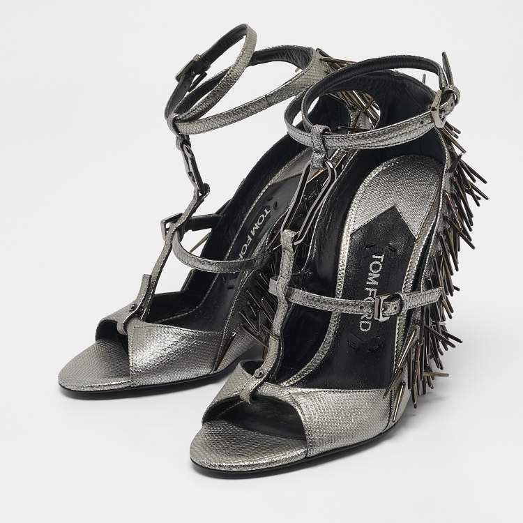 Pre Owned Tom Ford Metallic Grey Leather Embellished  Wedge Sandals Size 37