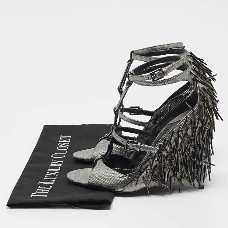 Pre Owned Tom Ford Metallic Grey Leather Embellished  Wedge Sandals Size 37