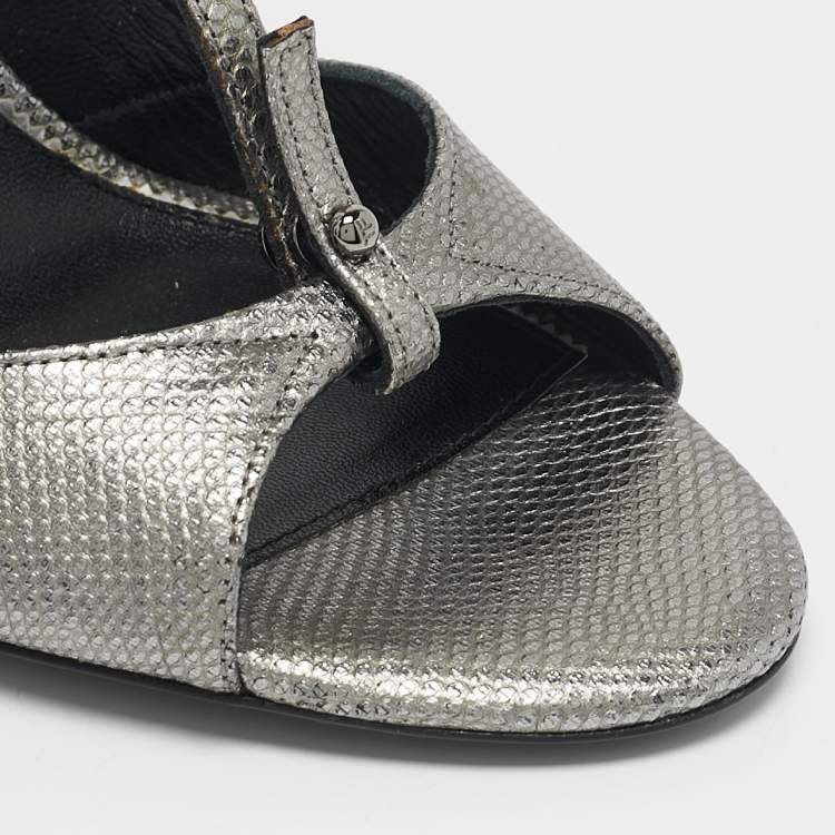Pre Owned Tom Ford Metallic Grey Leather Embellished  Wedge Sandals Size 37