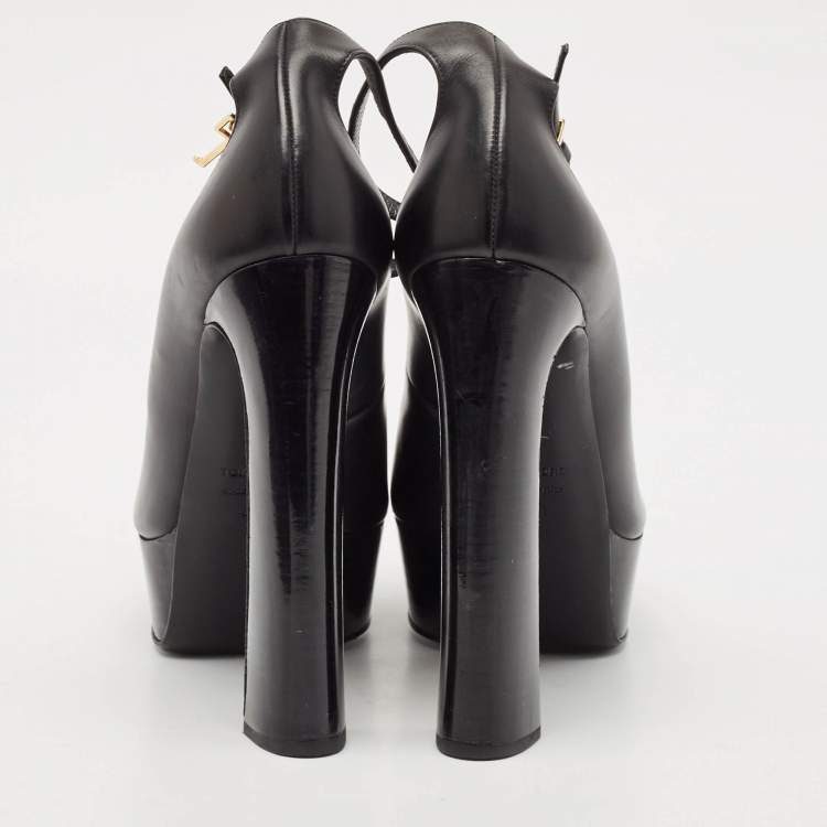 Pre Owned Tom Ford Black Leather Padlock Peep Toe Ankle Wrap Pumps Size 41
