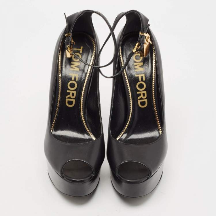 Pre Owned Tom Ford Black Leather Padlock Peep Toe Ankle Wrap Pumps Size 41