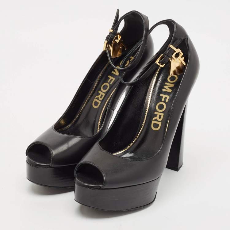 Pre Owned Tom Ford Black Leather Padlock Peep Toe Ankle Wrap Pumps Size 41