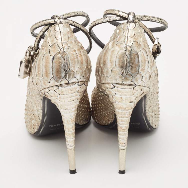 Pre Owned Tom Ford Gold Python Leather Padlock Ankle Strap Pointed Toe Pumps Size 41