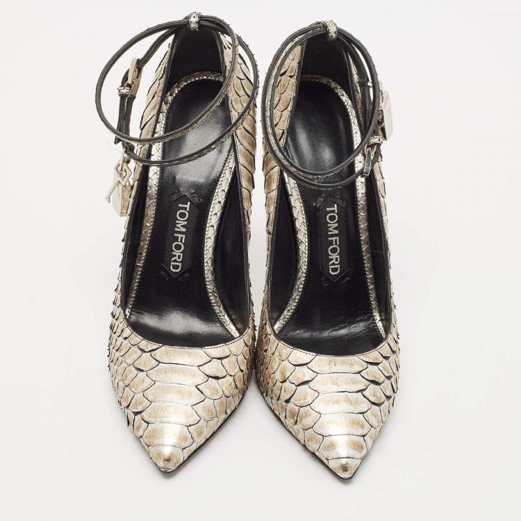 Pre Owned Tom Ford Gold Python Leather Padlock Ankle Strap Pointed Toe Pumps Size 41