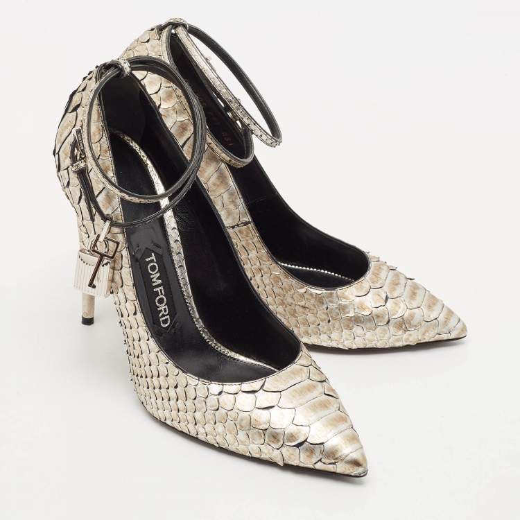 Pre Owned Tom Ford Gold Python Leather Padlock Ankle Strap Pointed Toe Pumps Size 41