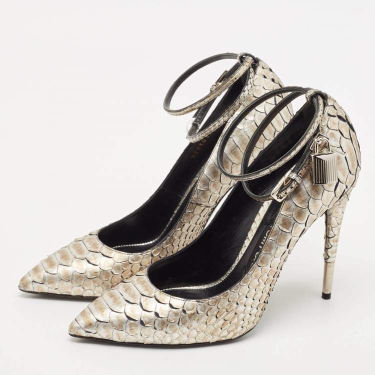 Pre Owned Tom Ford Gold Python Leather Padlock Ankle Strap Pointed Toe Pumps Size 41