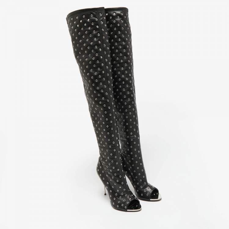 Pre Owned Tom Ford Black Leather Zip Up Over The Knee Boots Size 37