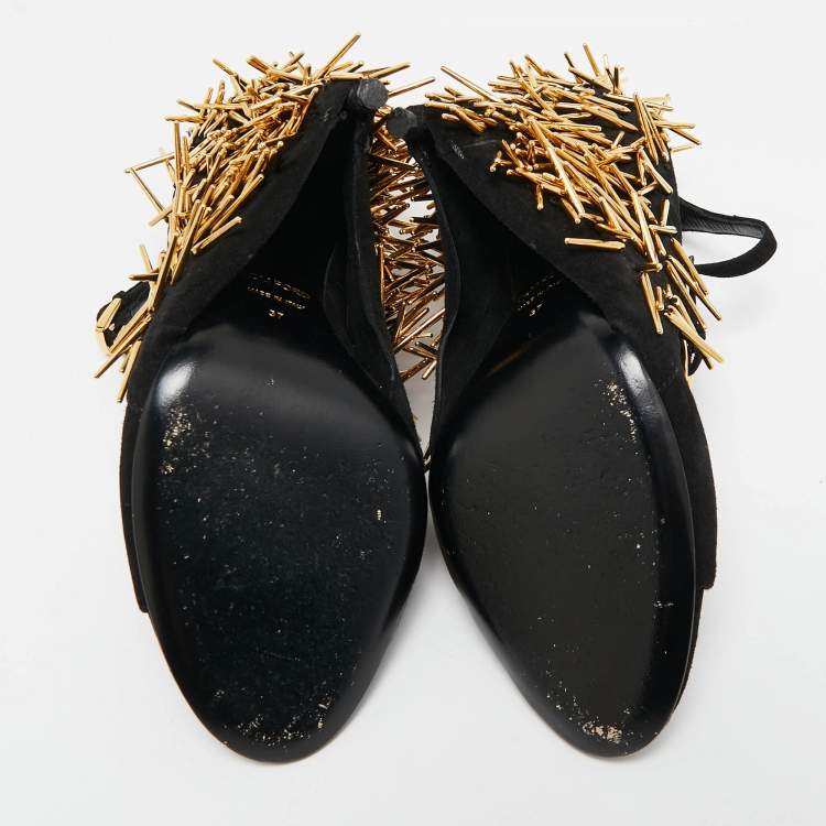 Pre Owned Tom Ford Black Suede Embellished  Ankle Wrap Wedge Sandals Size 37