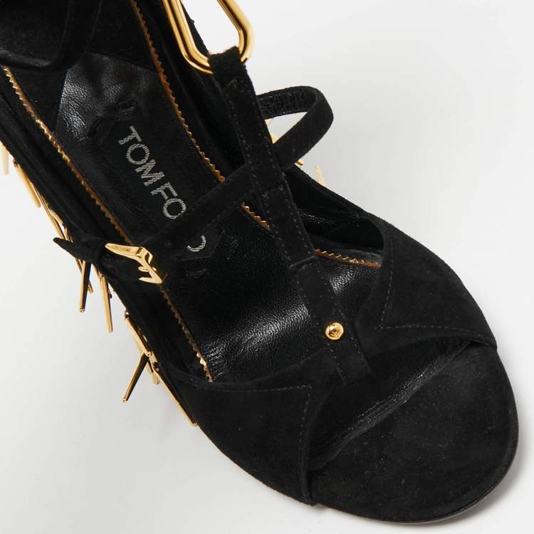 Pre Owned Tom Ford Black Suede Embellished  Ankle Wrap Wedge Sandals Size 37