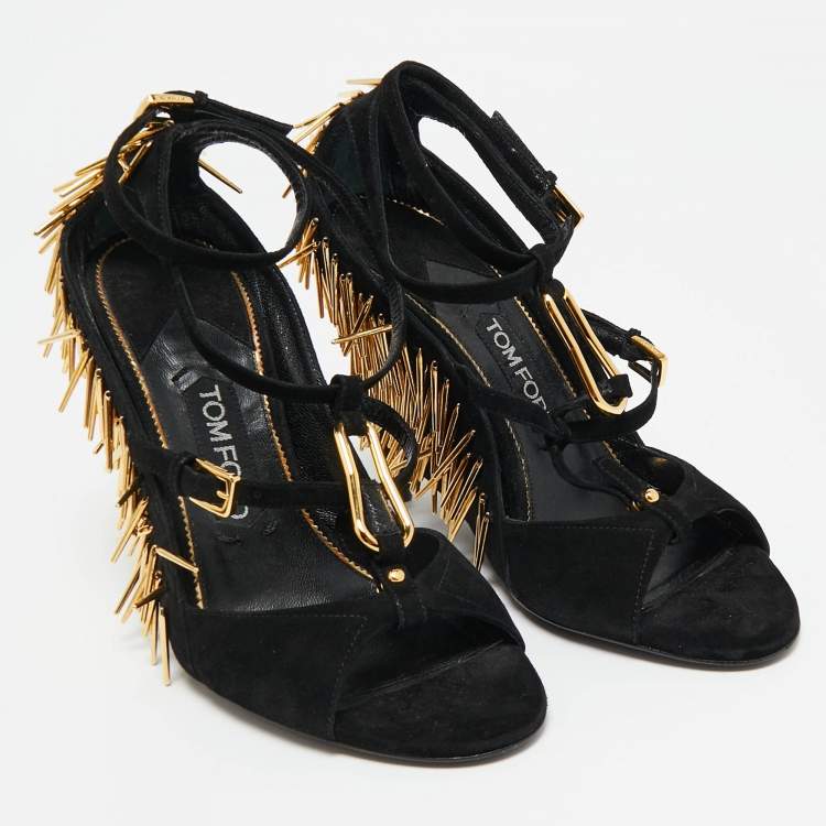 Pre Owned Tom Ford Black Suede Embellished  Ankle Wrap Wedge Sandals Size 37