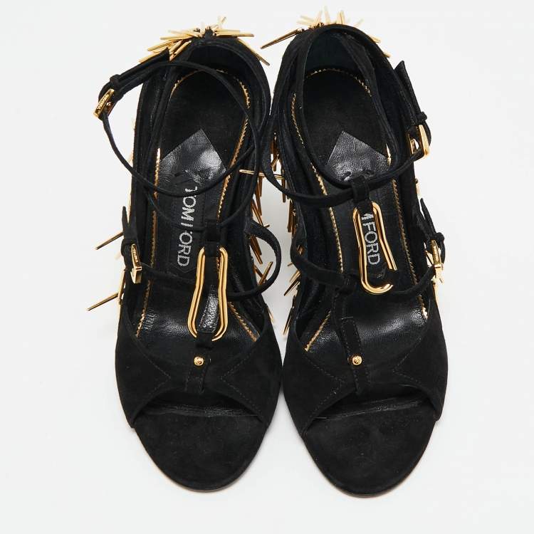 Pre Owned Tom Ford Black Suede Embellished  Ankle Wrap Wedge Sandals Size 37