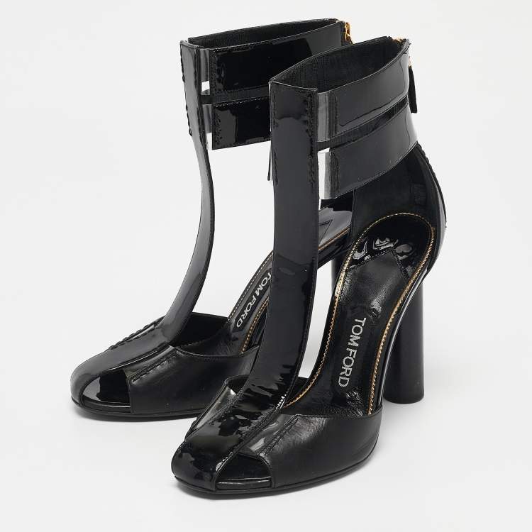 Pre Owned Tom Ford Black Patent and Leather T-Bar Ankle Strap Sandals Size 38