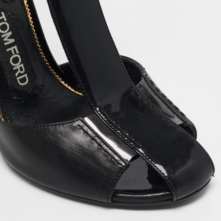 Pre Owned Tom Ford Black Patent and Leather T-Bar Ankle Strap Sandals Size 38