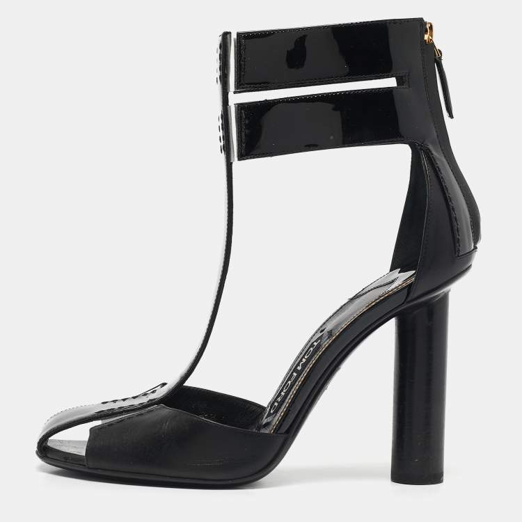Pre Owned Tom Ford Black Patent and Leather T-Bar Ankle Strap Sandals Size 38