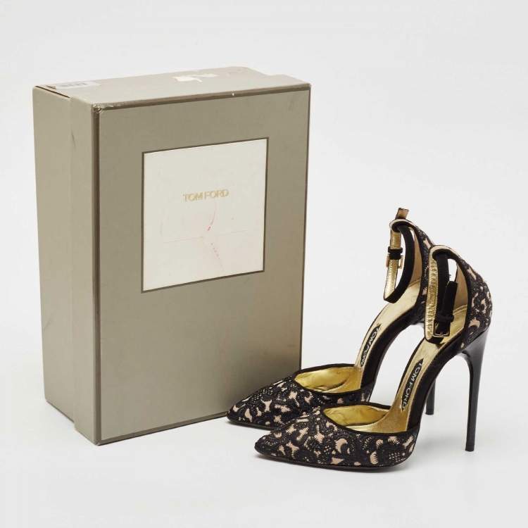 Pre Owned Tom Ford Black Embroidered Suede D'Orsay Ankle Strap Pumps Size 37.5