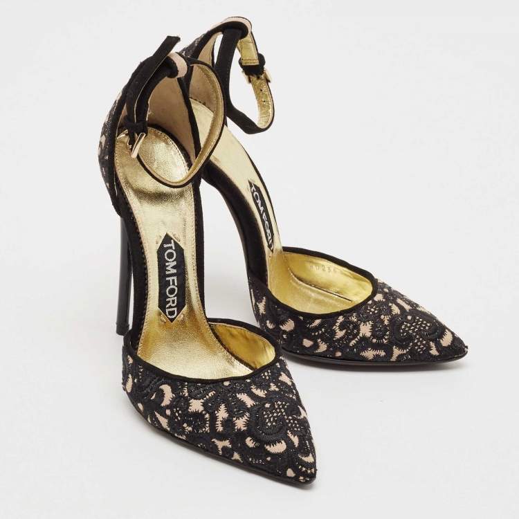 Pre Owned Tom Ford Black Embroidered Suede D'Orsay Ankle Strap Pumps Size 37.5