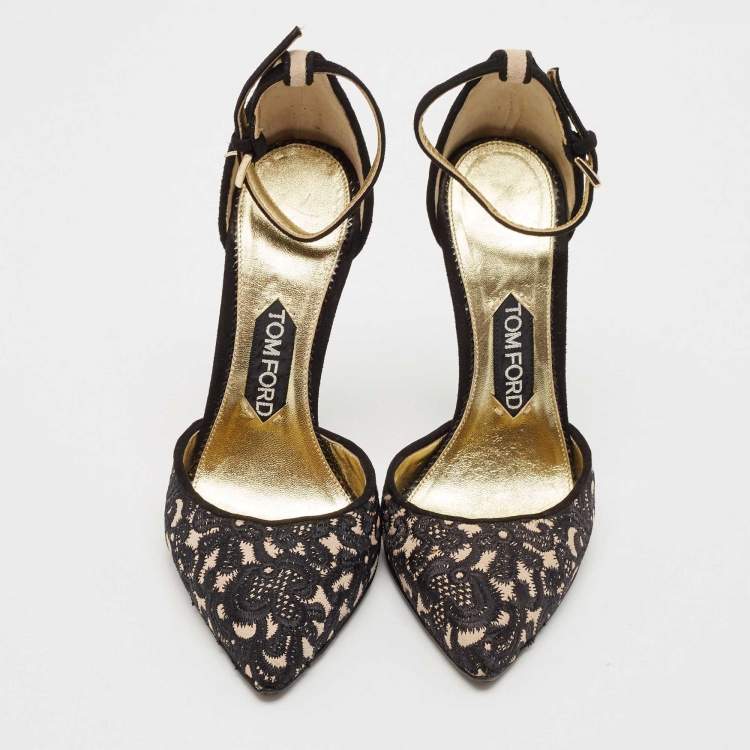 Pre Owned Tom Ford Black Embroidered Suede D'Orsay Ankle Strap Pumps Size 37.5
