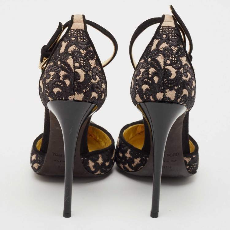Pre Owned Tom Ford Black Embroidered Suede D'Orsay Ankle Strap Pumps Size 37.5
