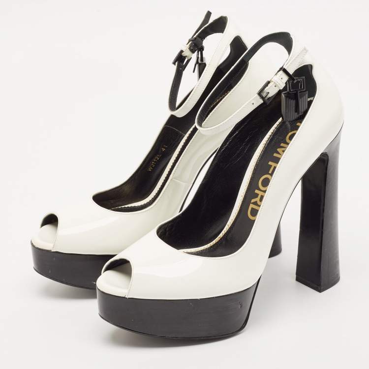 Pre Owned Tom Ford White Patent Leather Padlock Peep Toe Ankle Wrap Pumps Size 41
