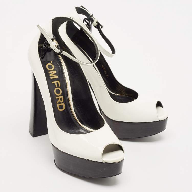 Pre Owned Tom Ford White Patent Leather Padlock Peep Toe Ankle Wrap Pumps Size 41