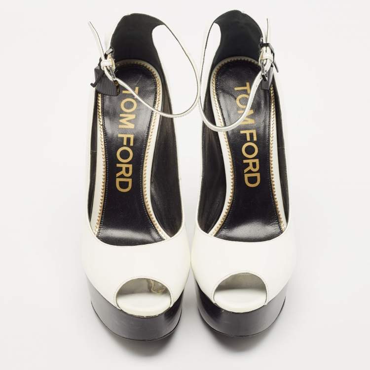 Pre Owned Tom Ford White Patent Leather Padlock Peep Toe Ankle Wrap Pumps Size 41