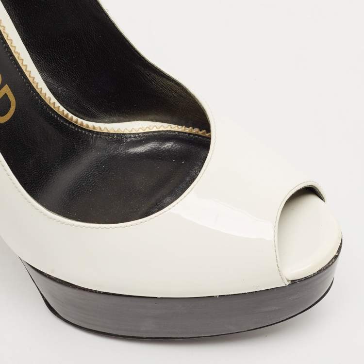 Pre Owned Tom Ford White Patent Leather Padlock Peep Toe Ankle Wrap Pumps Size 41